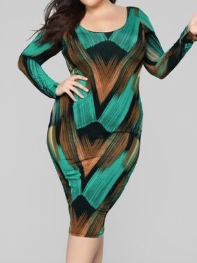 Fashion Nova Girl like You Midi dress Teal, Black & Brown Abstract long sleeve